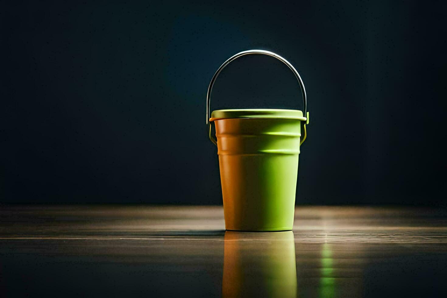 a green bucket sitting on a wooden floor. AI-Generated photo