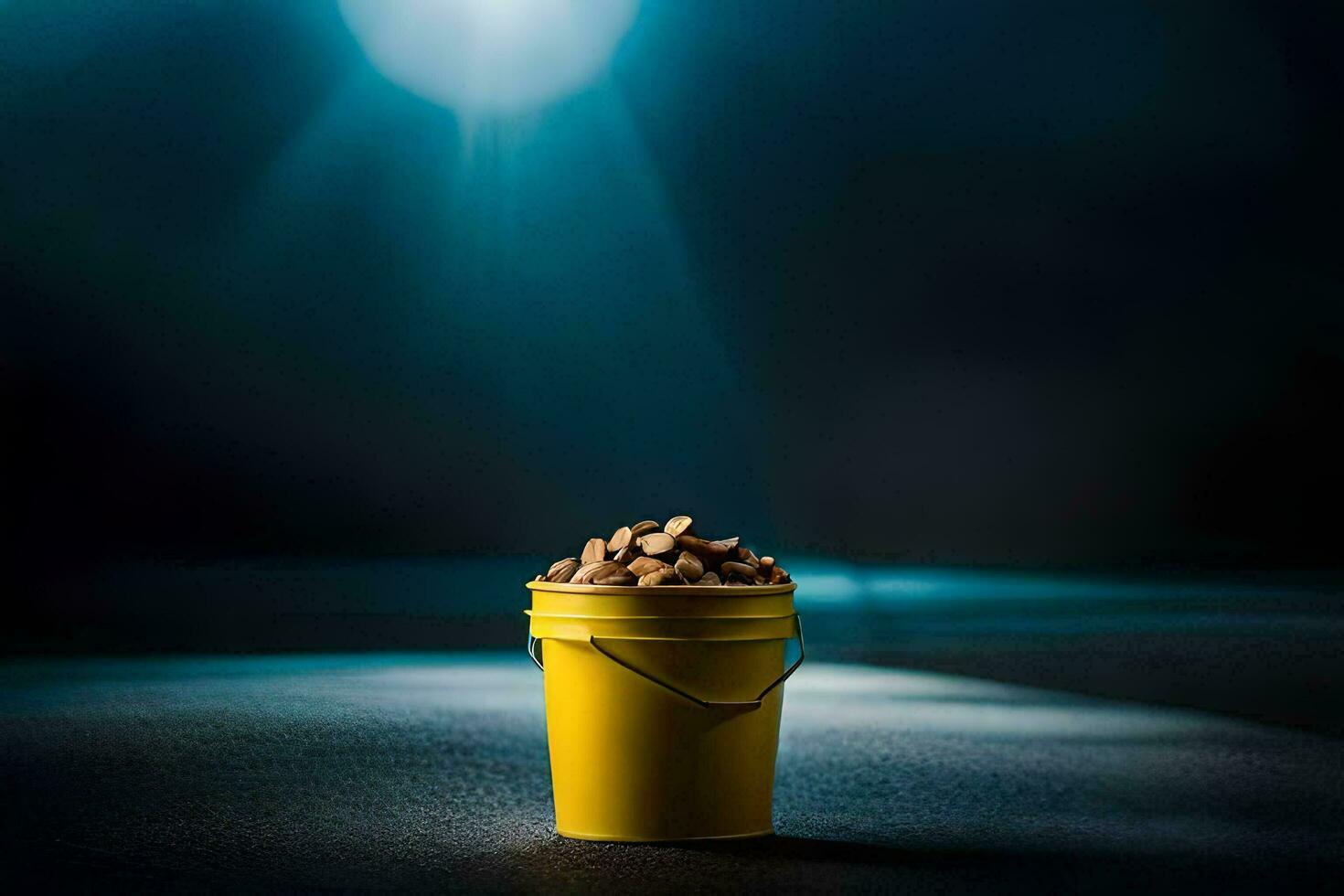 a bucket of peanuts on a dark floor. AI-Generated photo
