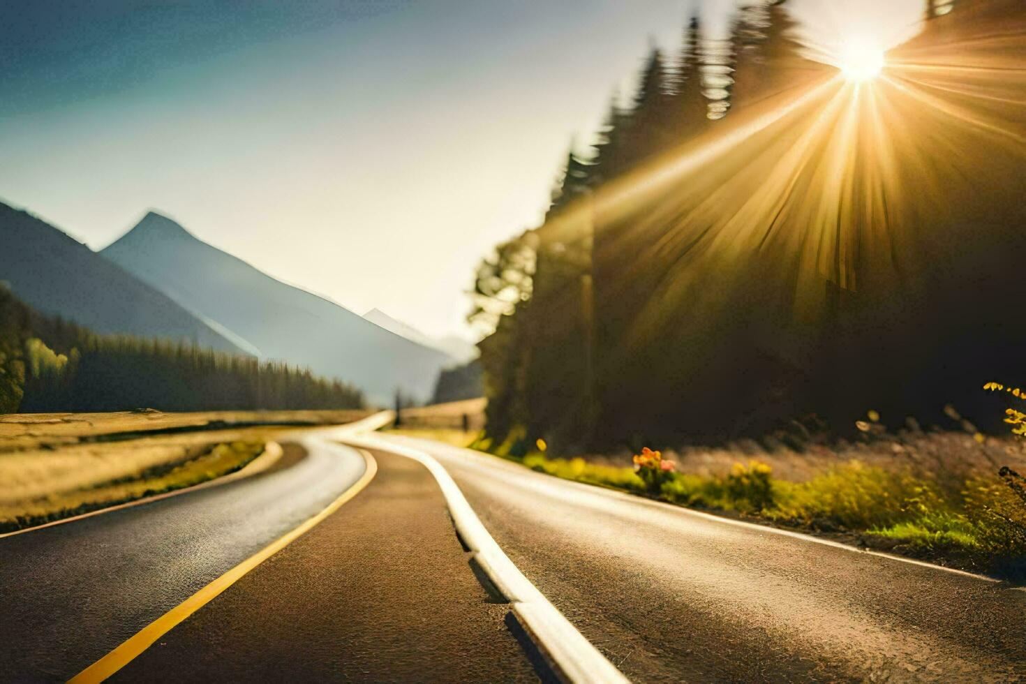 a road with the sun shining on it. AI-Generated photo