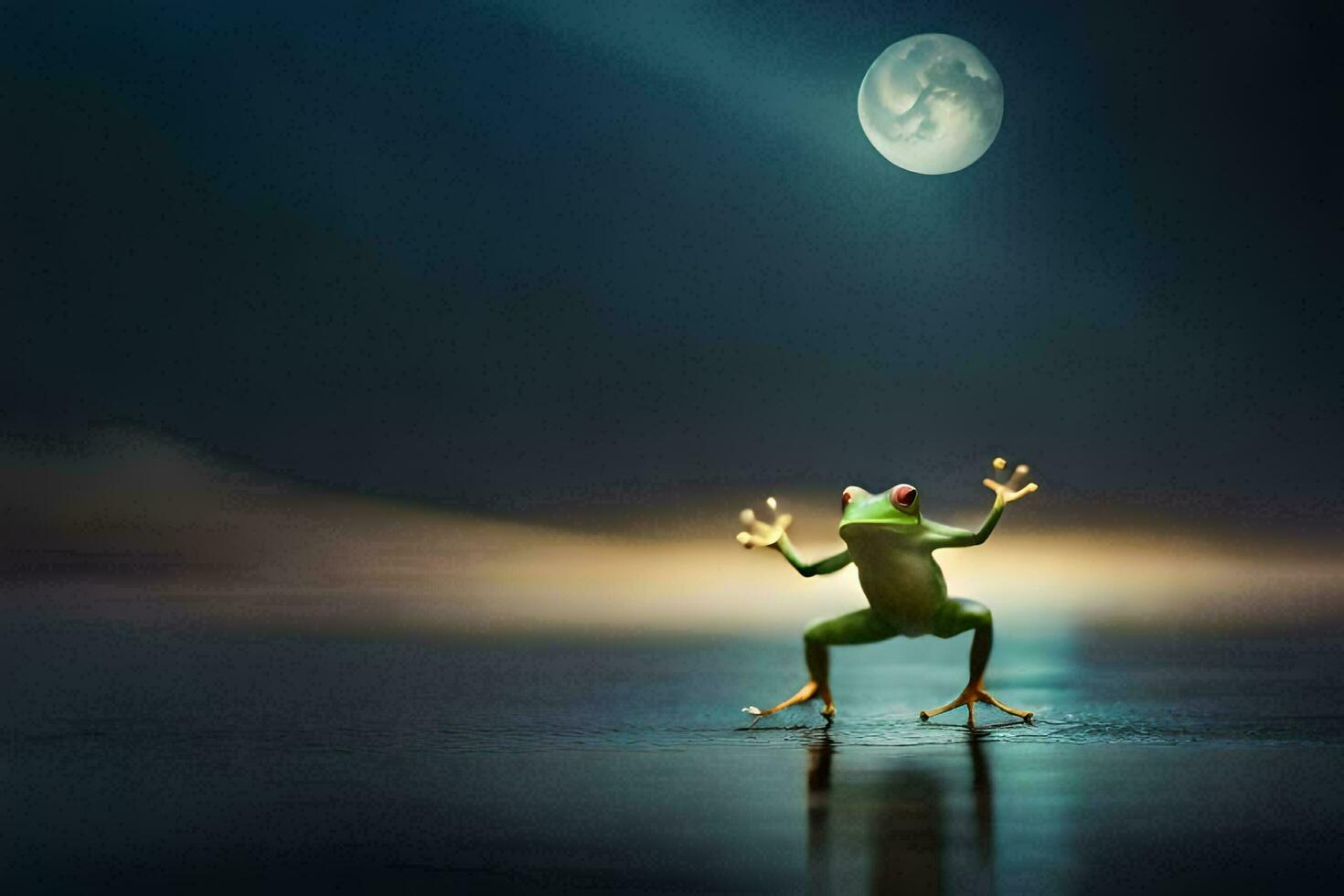 a frog standing on its hind legs in front of the moon. AI-Generated photo