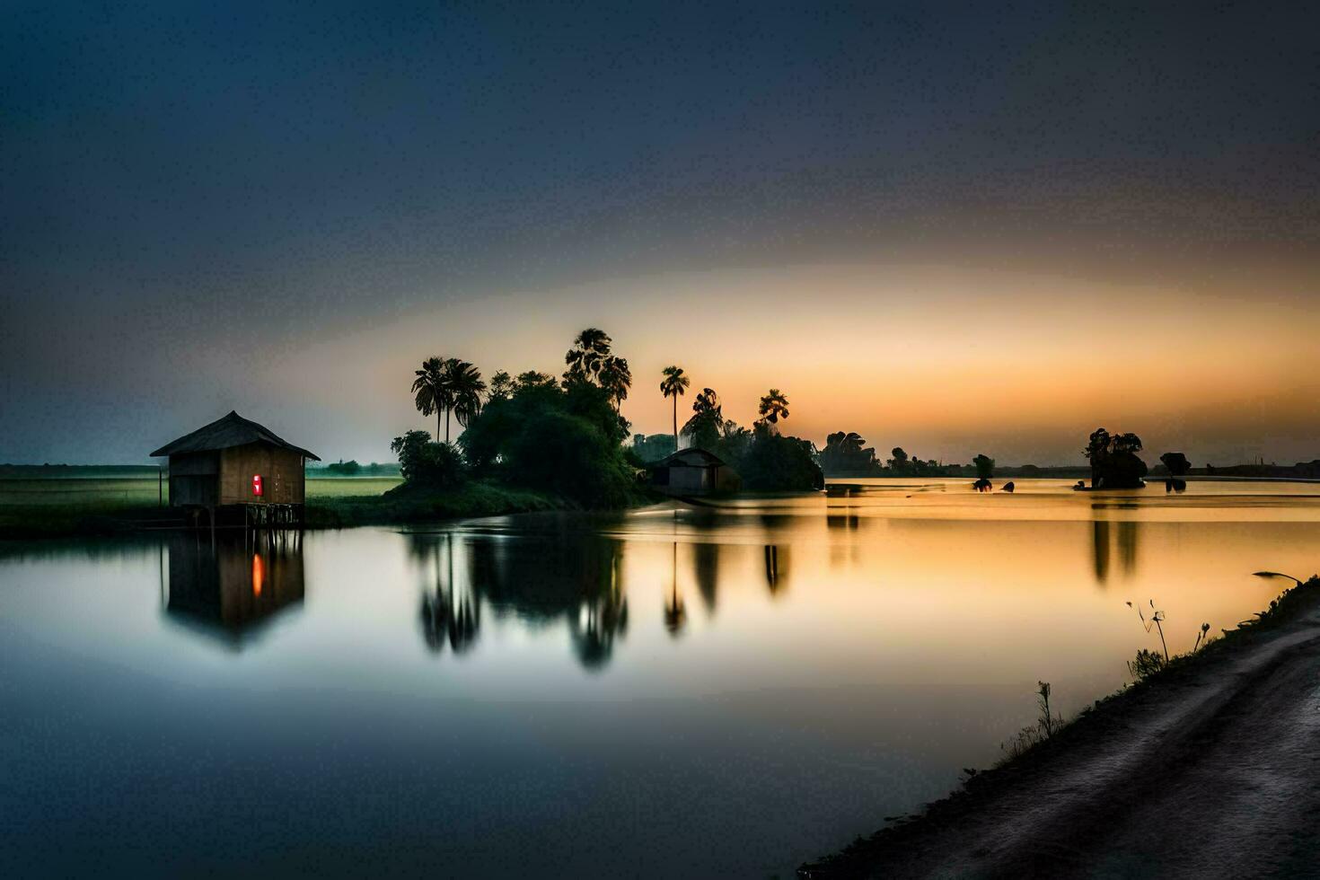 un casa en el agua a puesta de sol. generado por ai foto