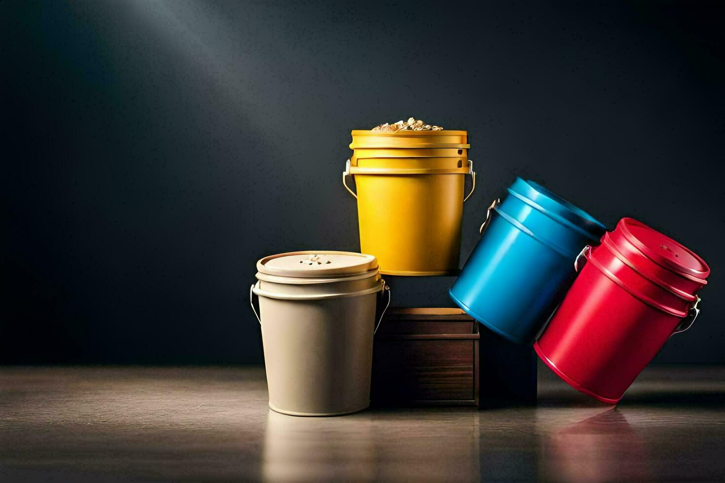 three colorful buckets with lids on a wooden table. AI-Generated photo