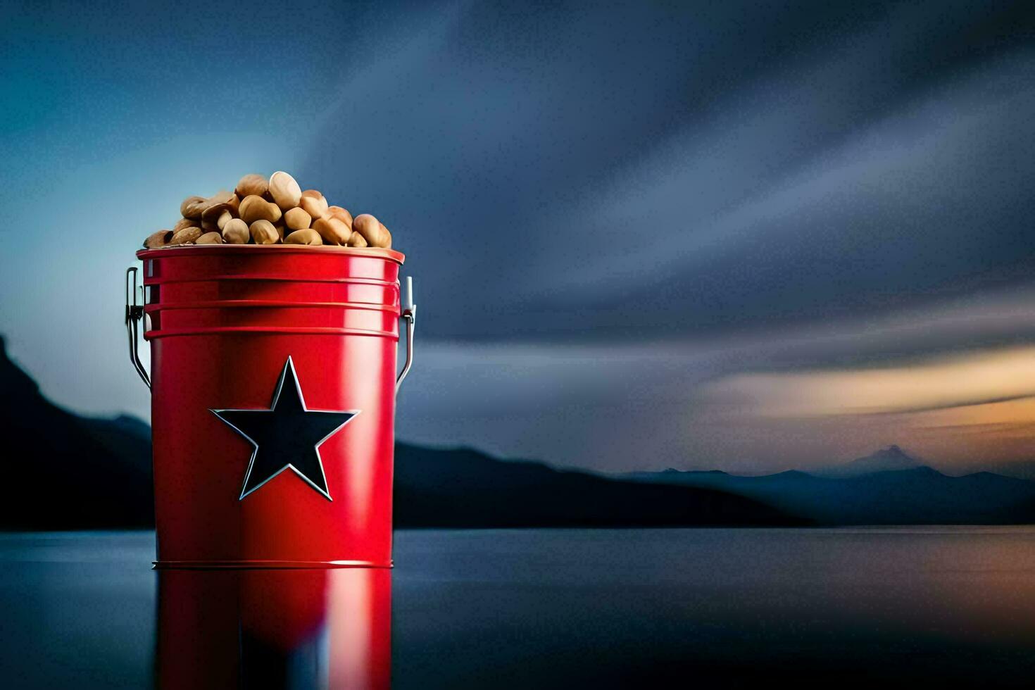 a red bucket filled with peanuts on a table. AI-Generated photo