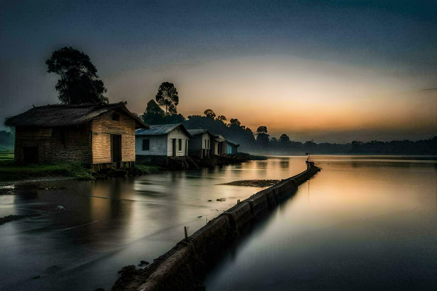 a house on the water at sunset. AI-Generated photo