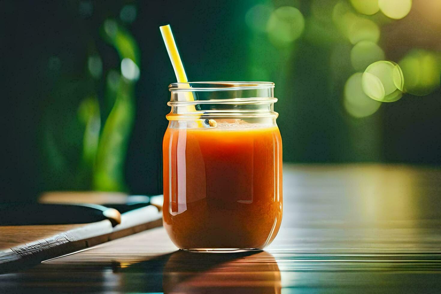 a glass jar with orange juice sitting on a table. AI-Generated photo