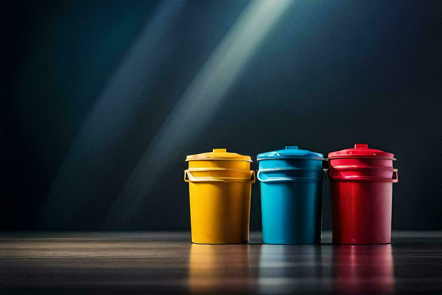 three colorful trash cans on a dark background. AI-Generated photo
