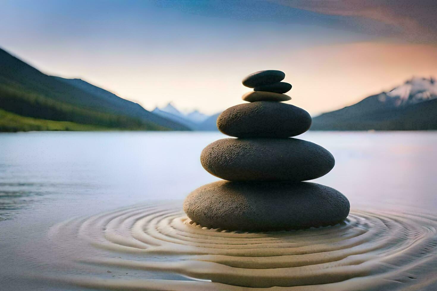 a stack of stones in the water with mountains in the background. AI-Generated photo
