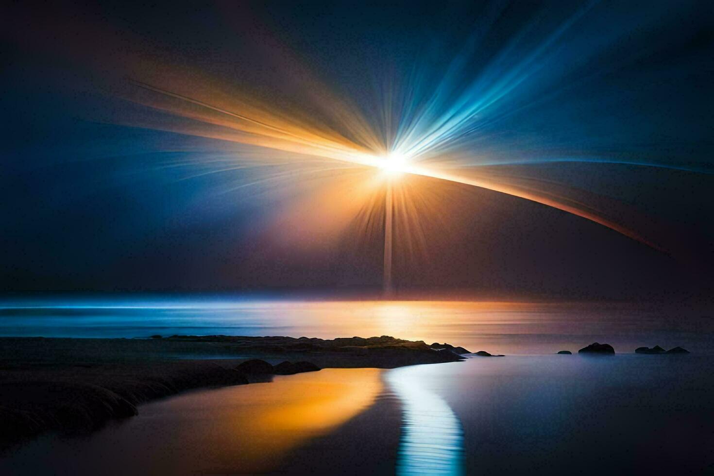 a bright light shining over the ocean. AI-Generated photo
