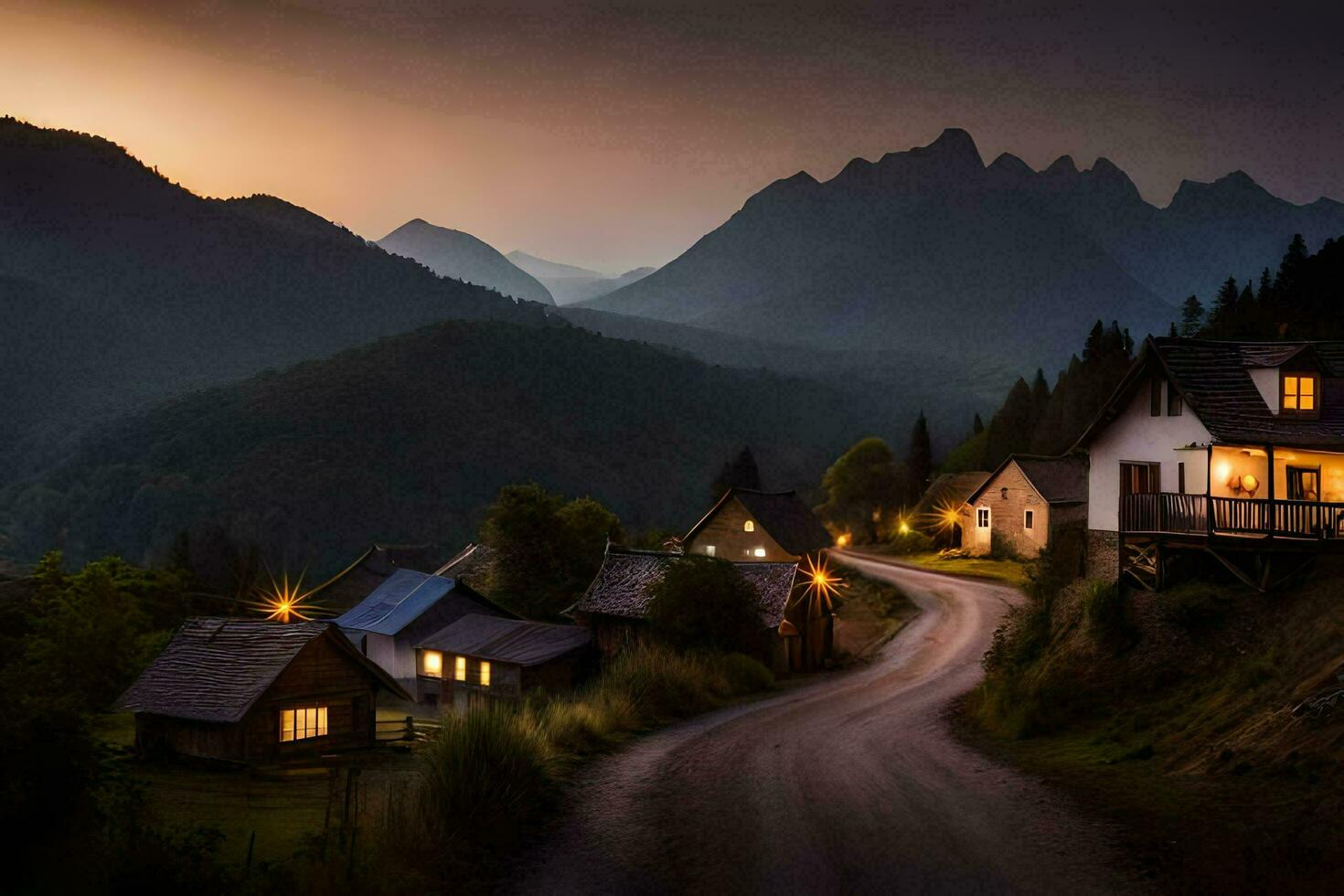 photo wallpaper the sky, mountains, road, houses, the village, the road, the village. AI-Generated