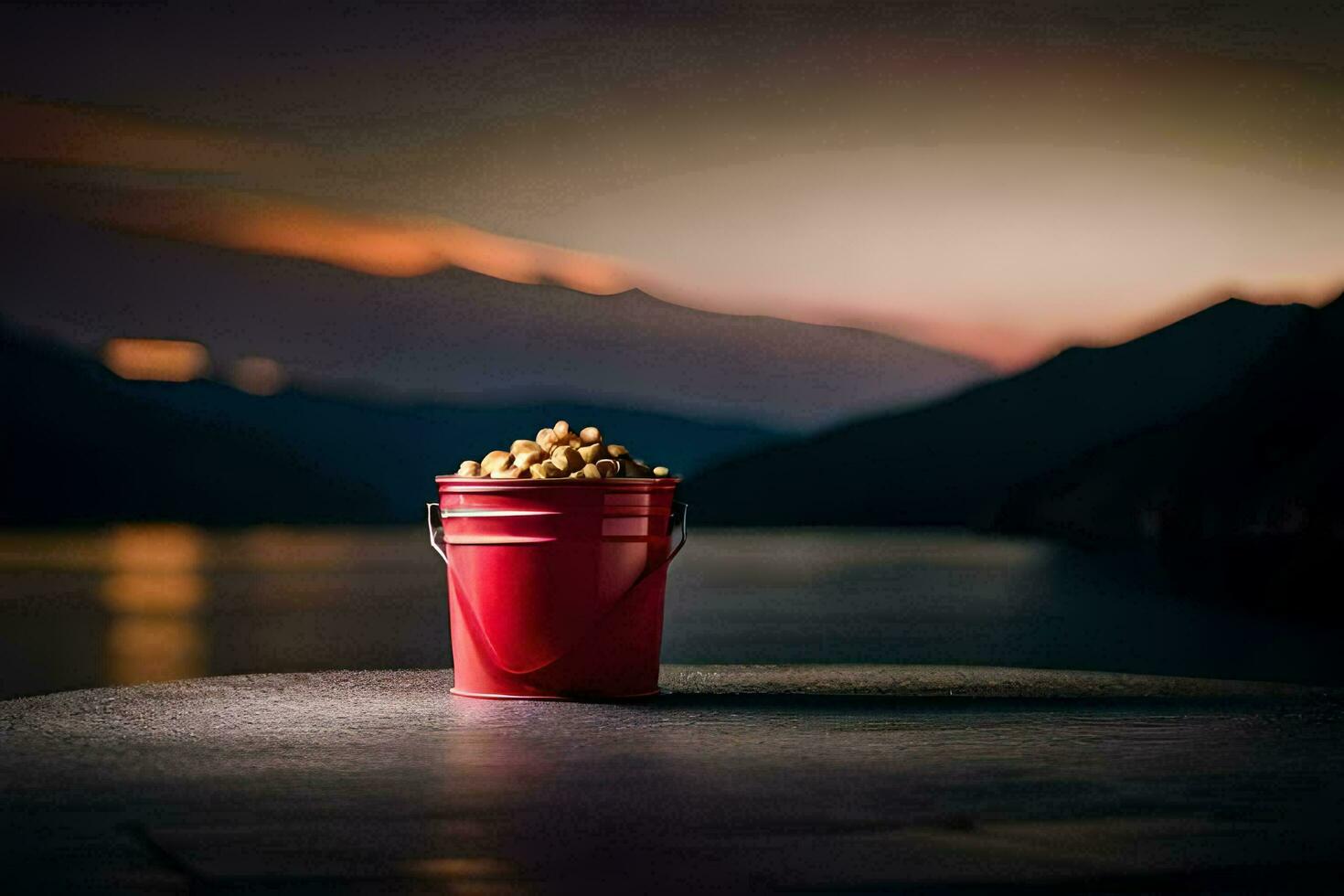 a bucket of peanuts on a table in front of a lake. AI-Generated photo
