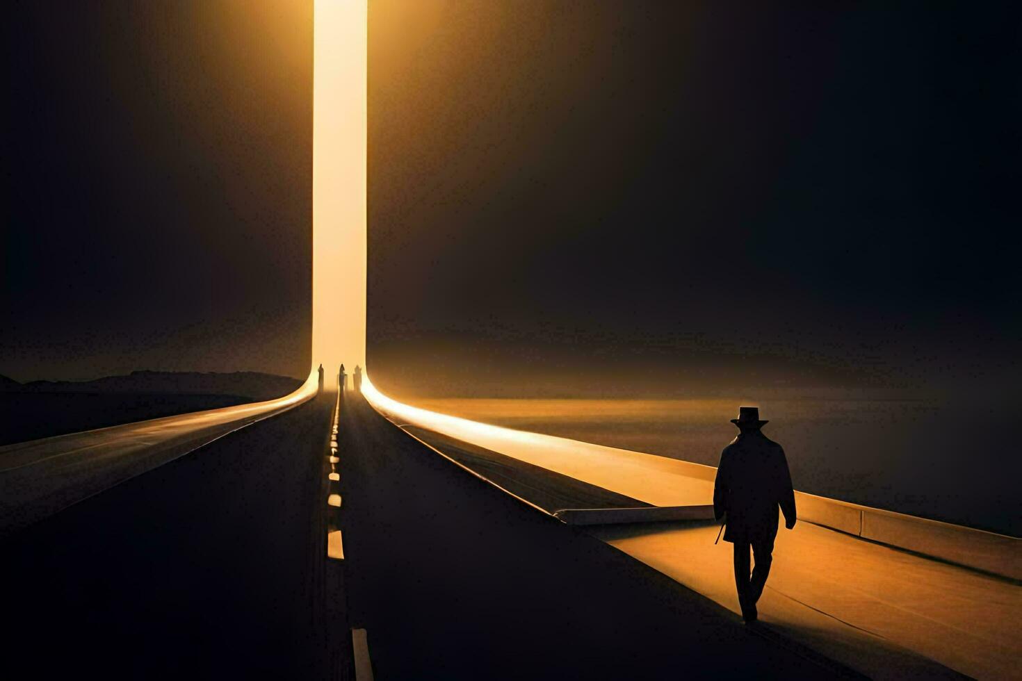 un hombre caminando abajo un largo la carretera a noche. generado por ai foto