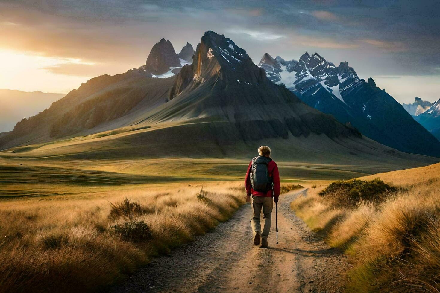 a man walking on a dirt road in front of mountains. AI-Generated photo