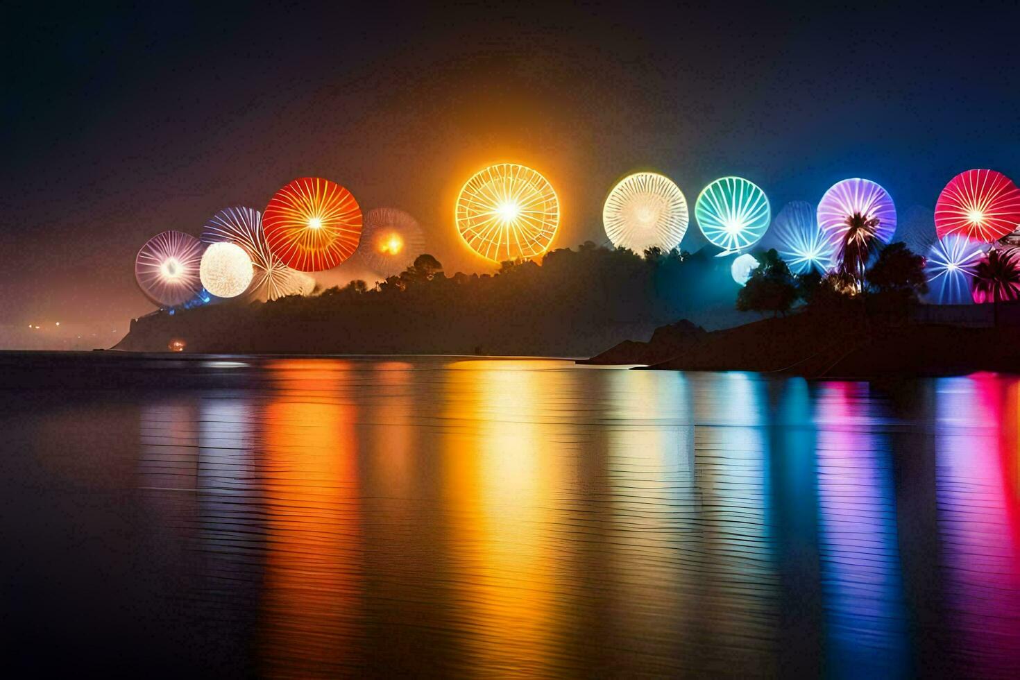 colorful lights on the water at night. AI-Generated photo
