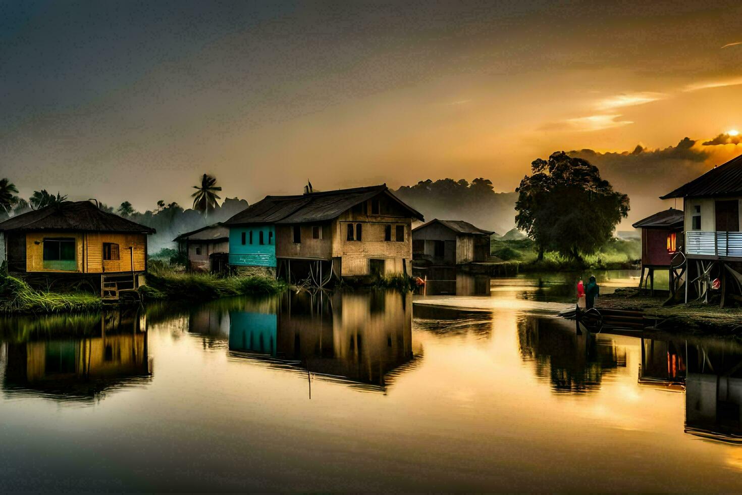 houses on the water at sunset. AI-Generated photo