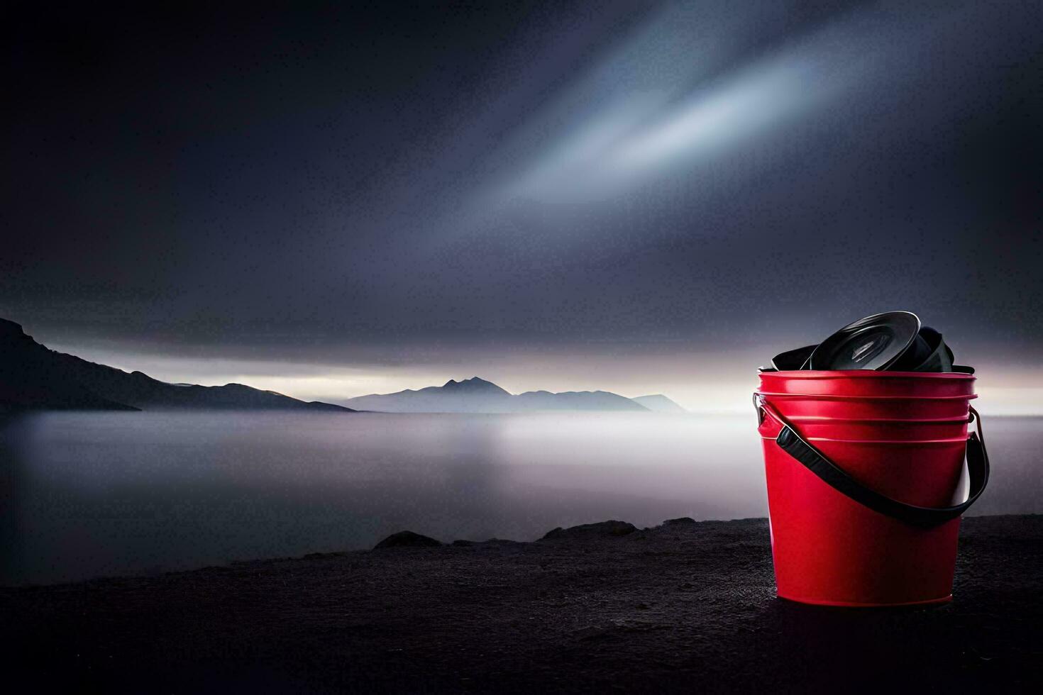 a red bucket sitting on the ground near the ocean. AI-Generated photo