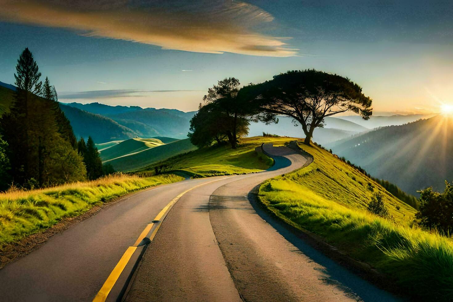 the road to the sunset. AI-Generated photo