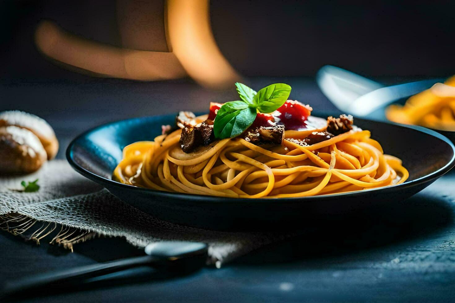 spaghetti with mushrooms and tomatoes in a black bowl. AI-Generated photo
