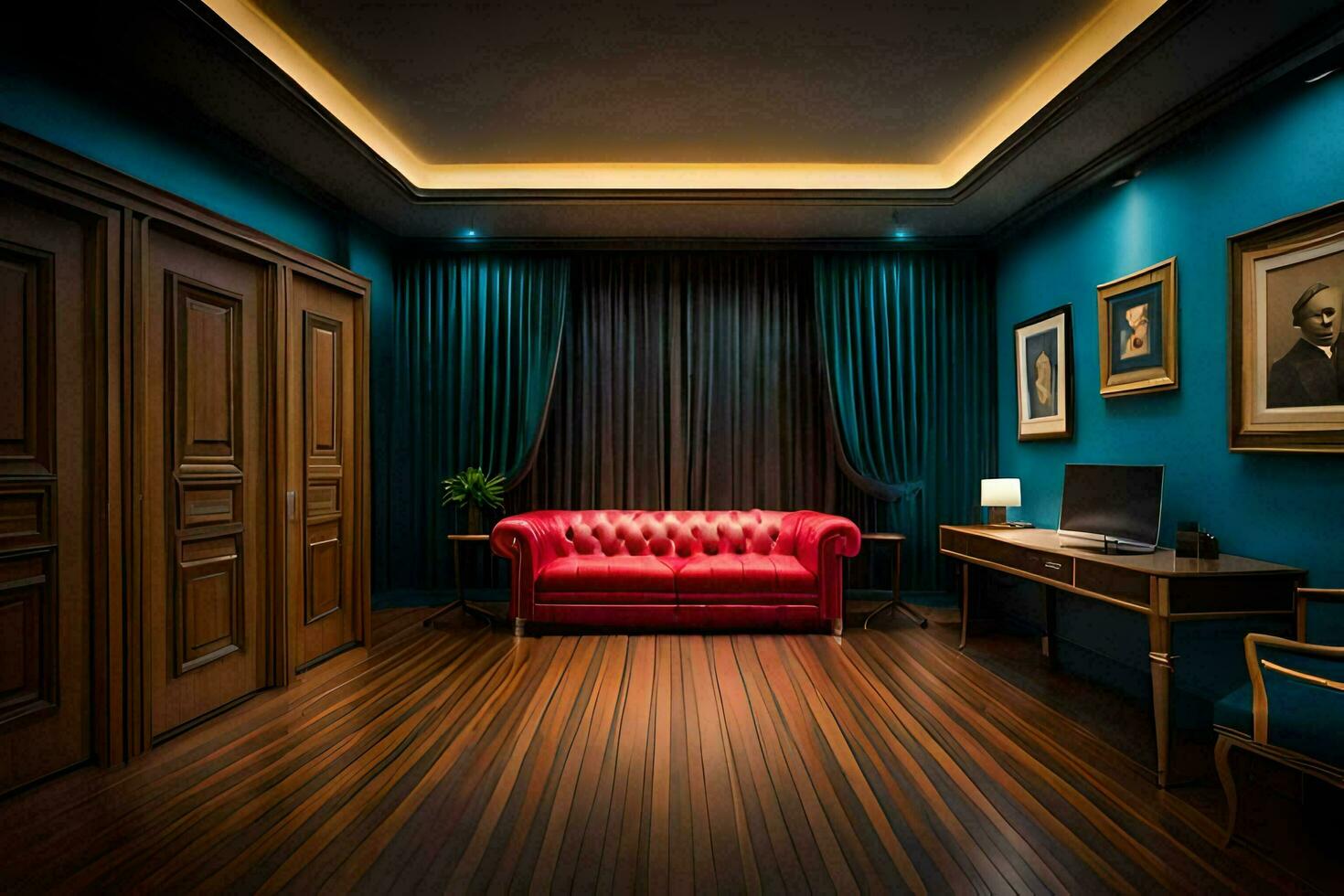 a room with a red couch and wooden floors. AI-Generated photo