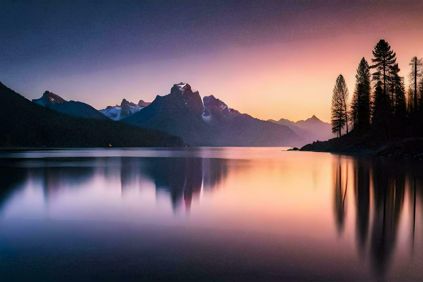 a lake at sunset with mountains in the background. AI-Generated photo