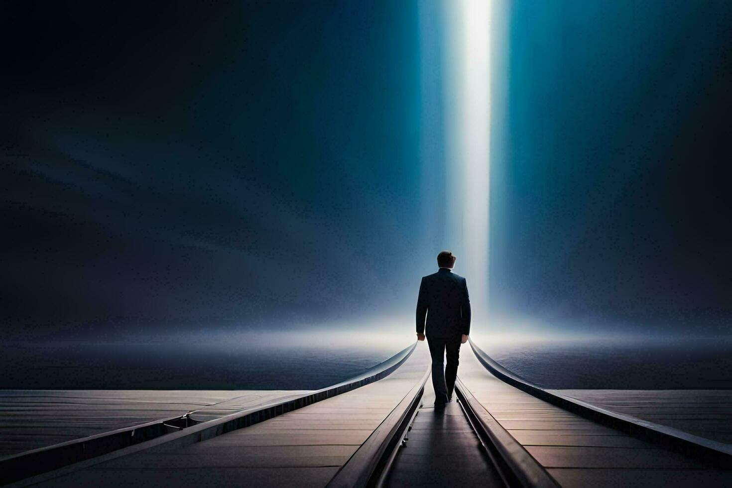 a man in a suit stands on a train track with a light shining in the distance. AI-Generated photo