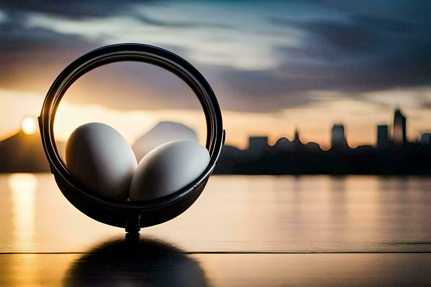 two eggs are sitting in a circular mirror. AI-Generated photo