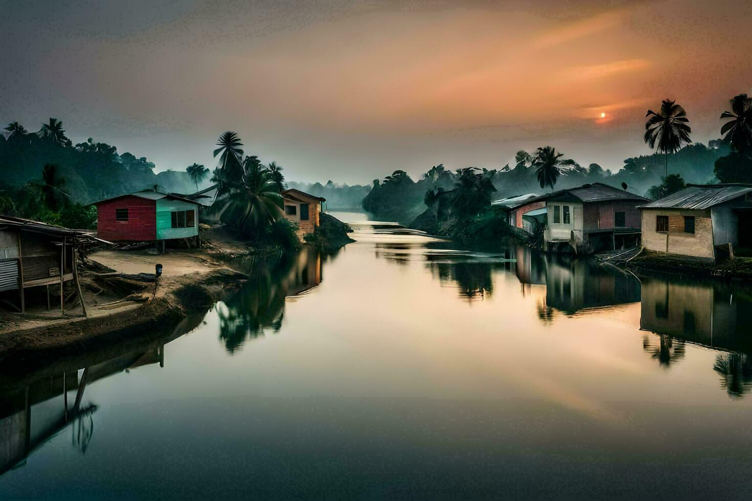a river with houses on either side and a sunset. AI-Generated photo