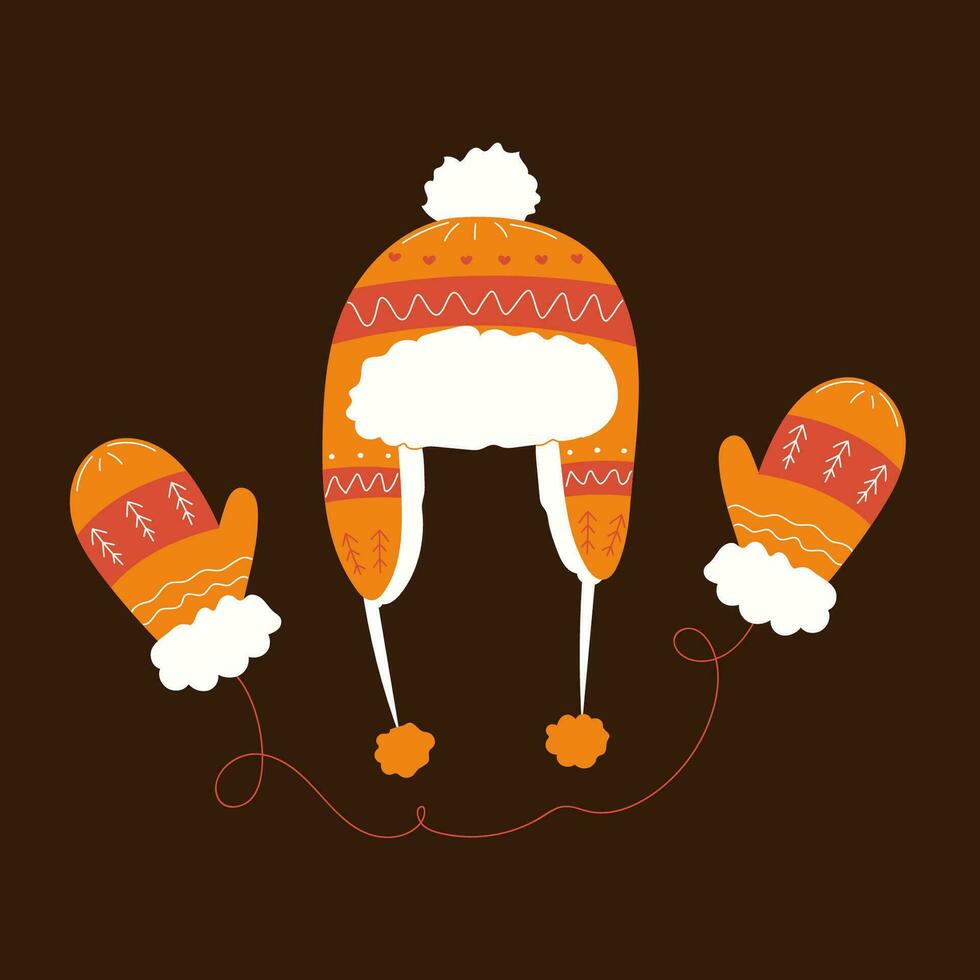 Warm winter hat and mittens in brown, soft fluffy cozy clothes with flat pattern patterns. vector
