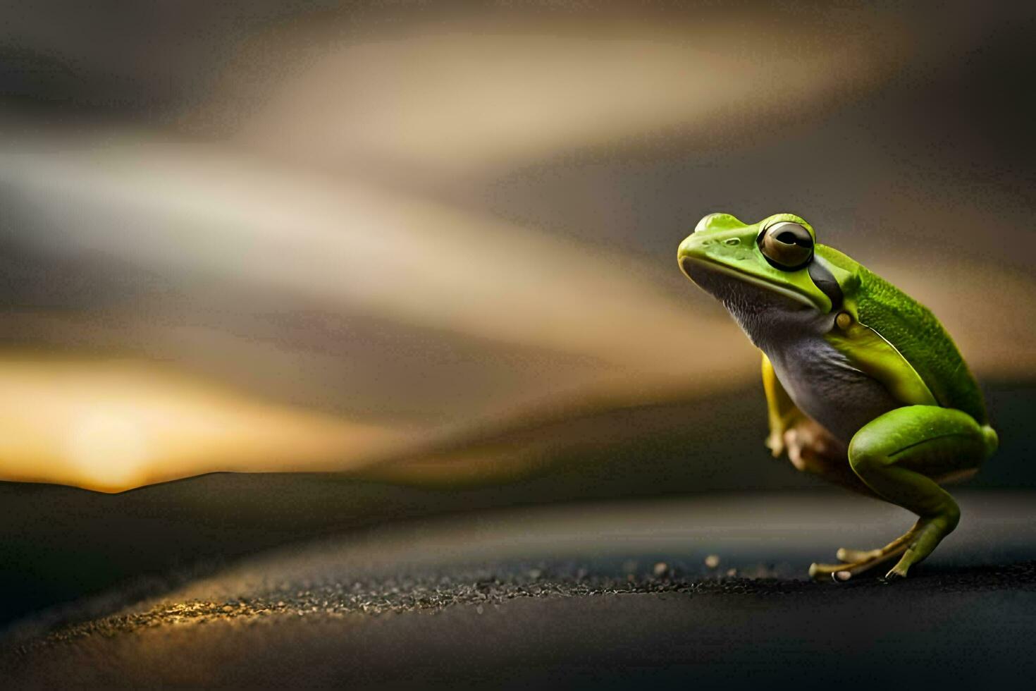 a frog sitting on the ground with a sunset in the background. AI-Generated photo
