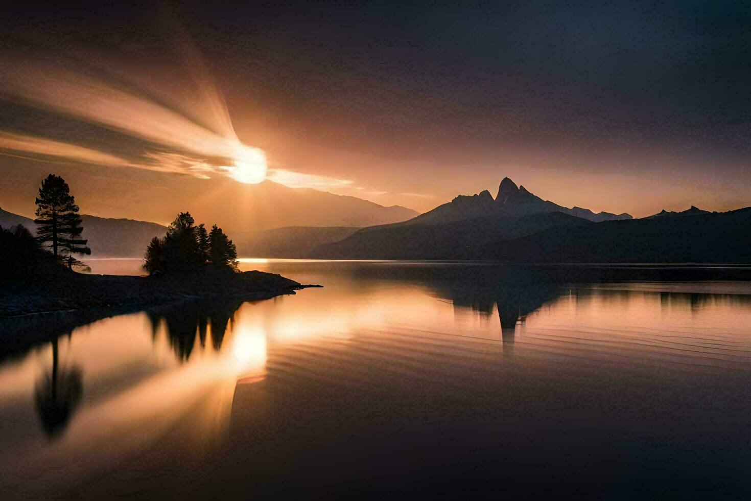 the sun rises over a mountain range and lake. AI-Generated photo