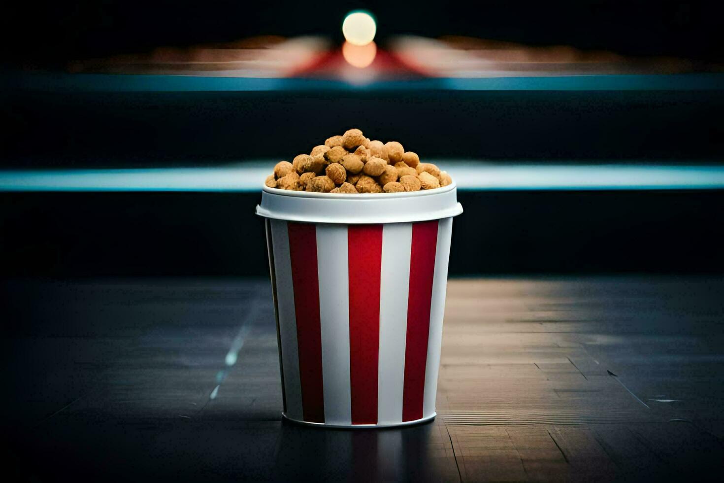 a cup of popcorn sitting on a table. AI-Generated photo