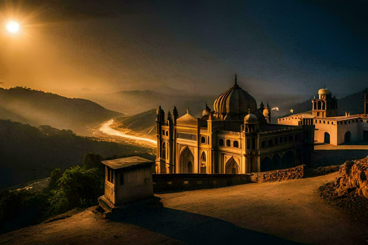 the sun sets over a mosque in the mountains. AI-Generated photo