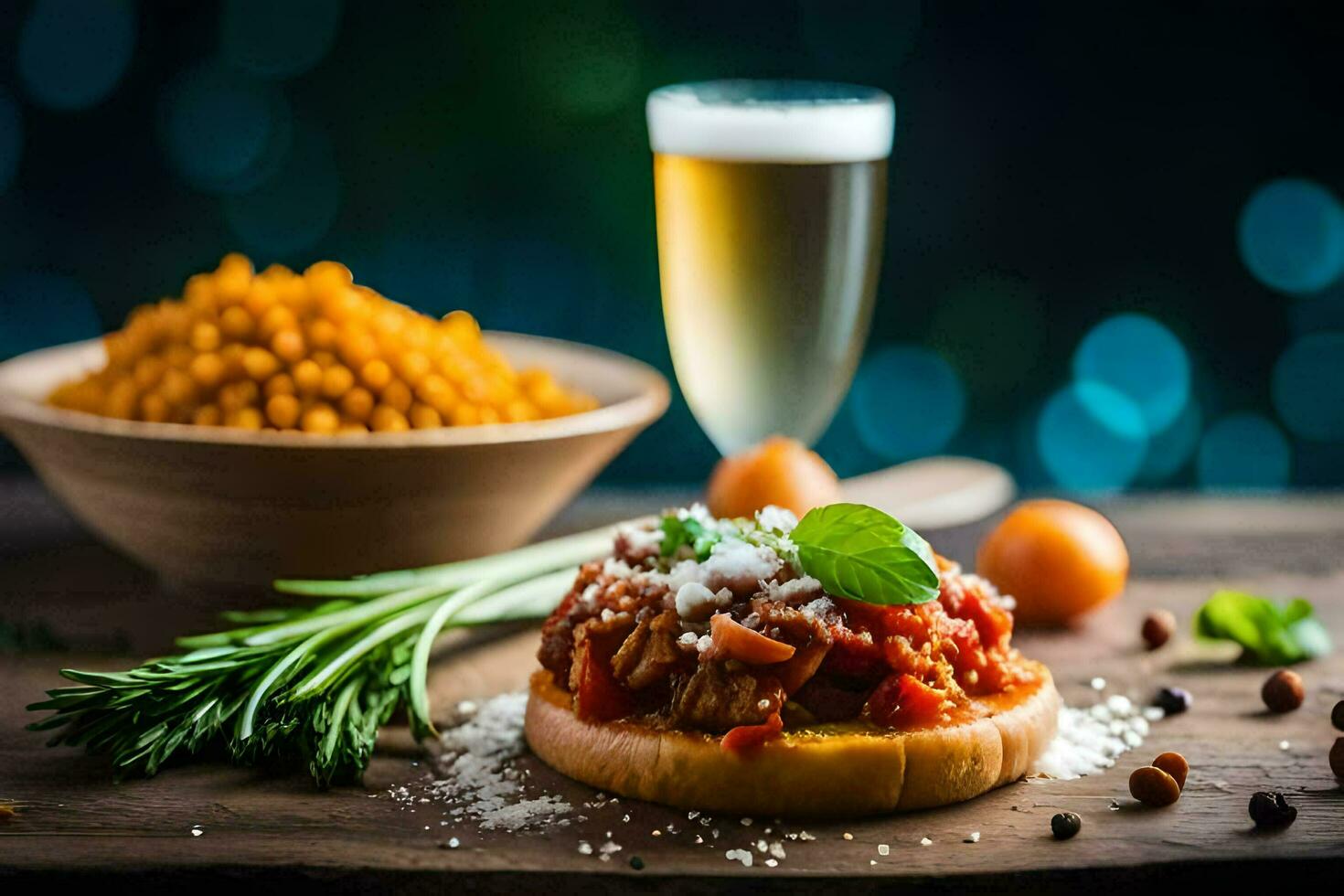 the food is served on a wooden table with a glass of beer. AI-Generated photo