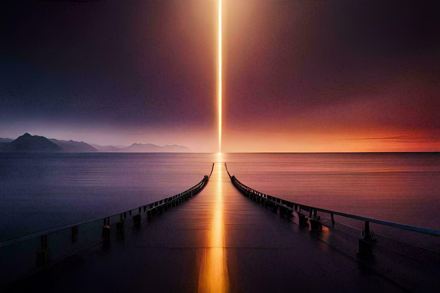 un largo muelle con un ligero brillante dentro el agua. generado por ai foto