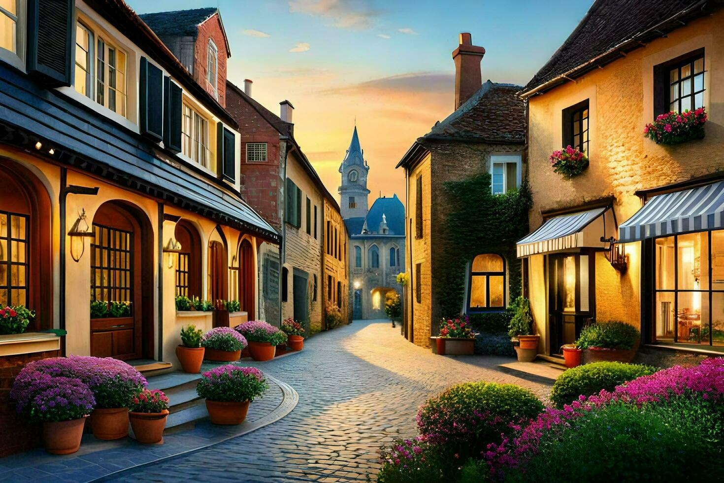 a street in europe with flowers and shops. AI-Generated photo