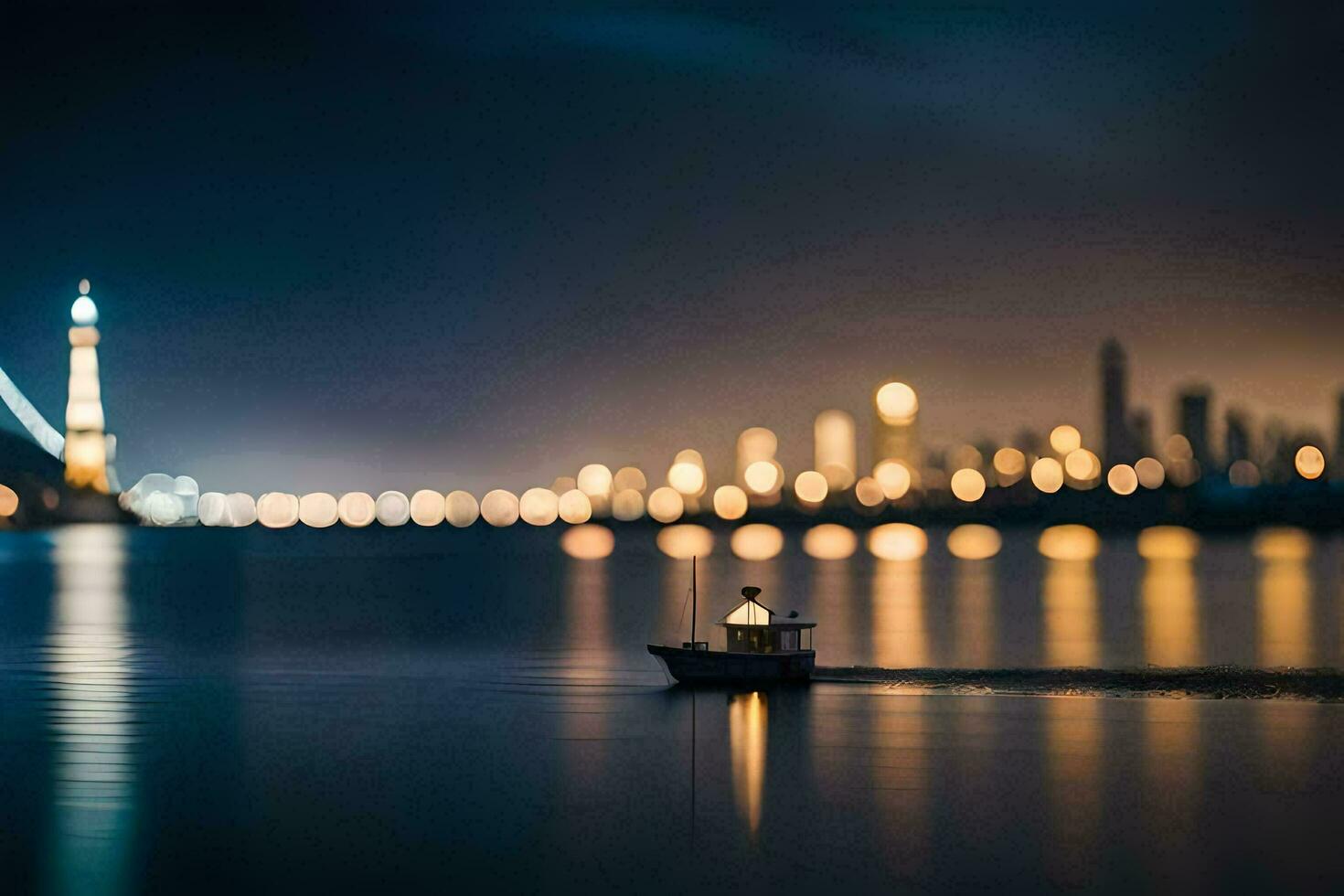 a boat is sailing on the water at night. AI-Generated photo