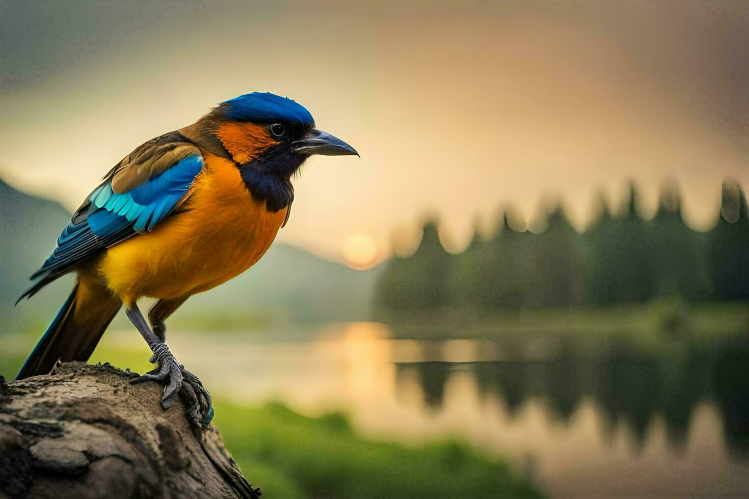 a colorful bird sits on a log near a lake. AI-Generated photo