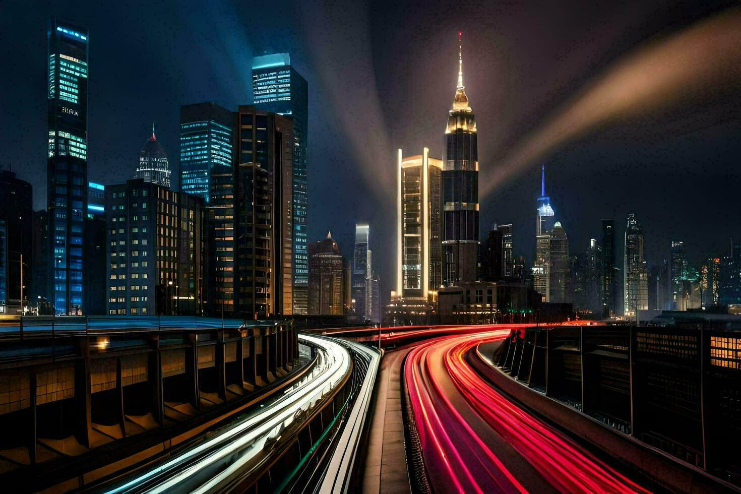 un ciudad a noche con tráfico luces y edificios generado por ai foto