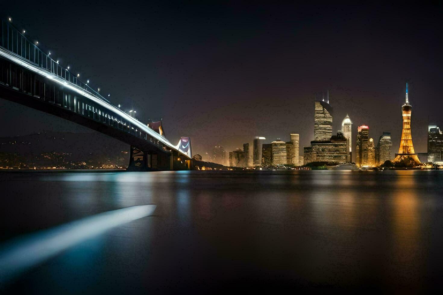 el ciudad horizonte a noche con el huangpu río en el antecedentes. generado por ai foto