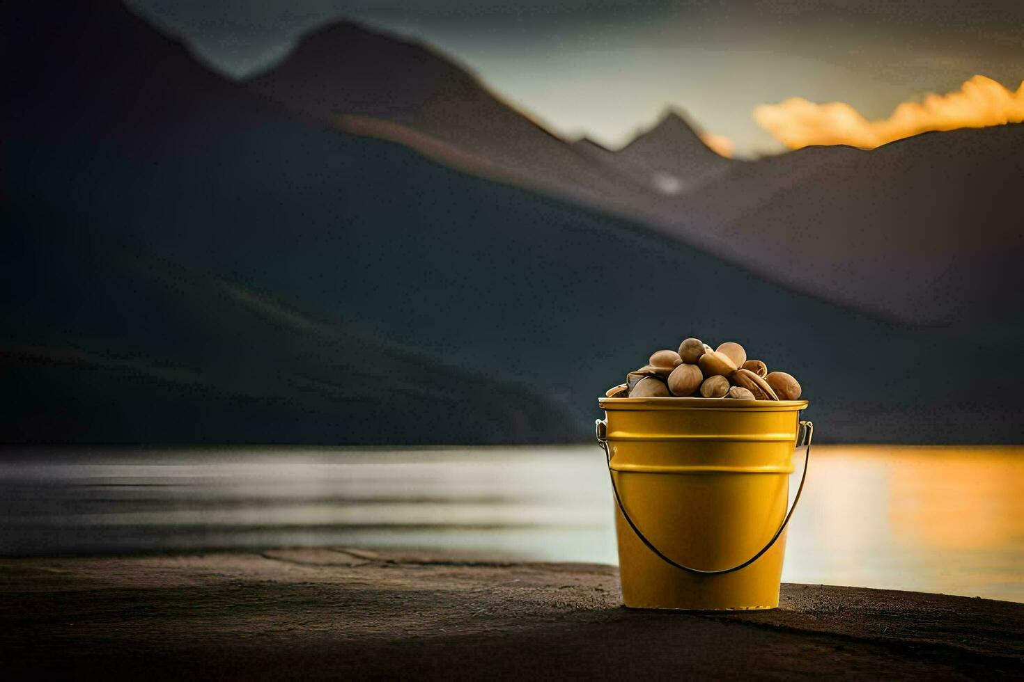 a bucket of nuts on a rock near a lake. AI-Generated photo