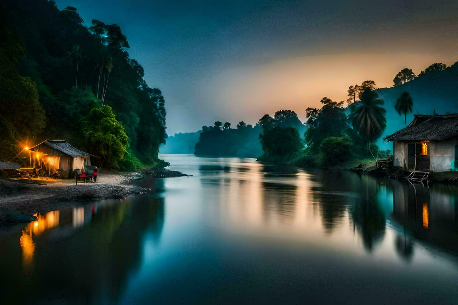 a house sits on the bank of a river at dusk. AI-Generated photo