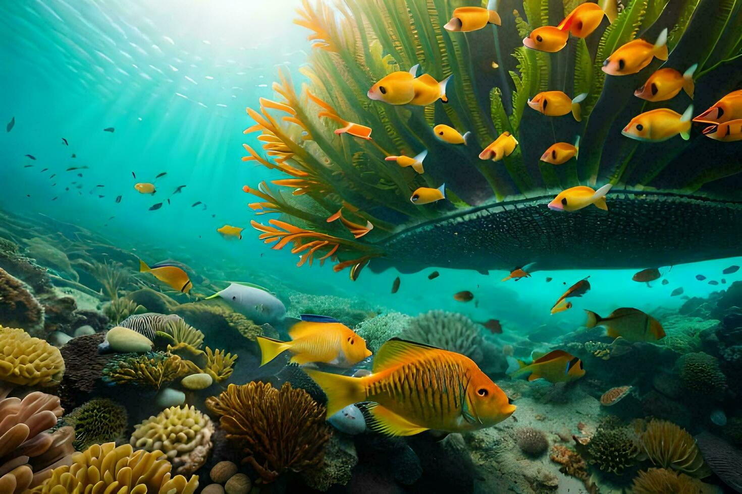 un submarino escena con muchos pescado y coral. generado por ai foto