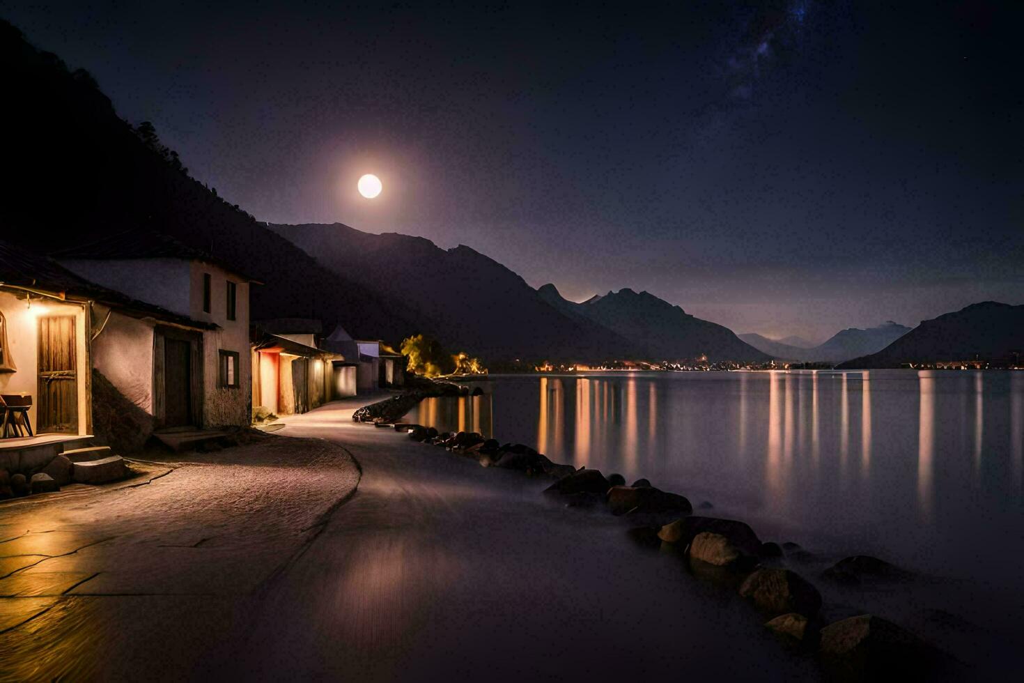 a moonlit night scene with houses on the shore. AI-Generated photo