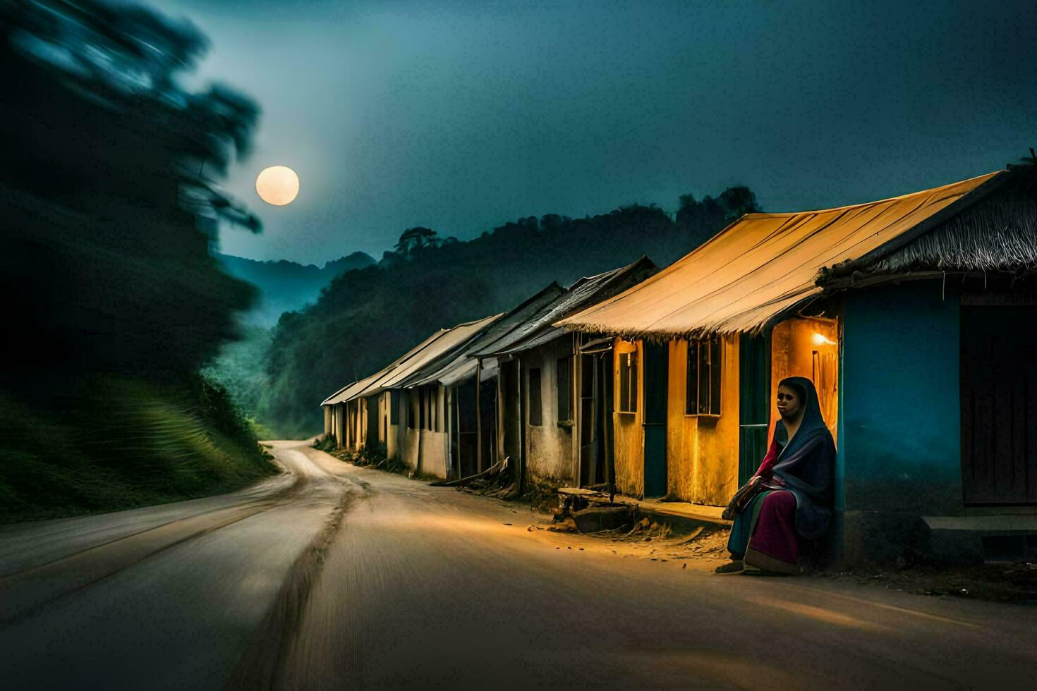 a woman sits on the side of a road in front of a house. AI-Generated photo