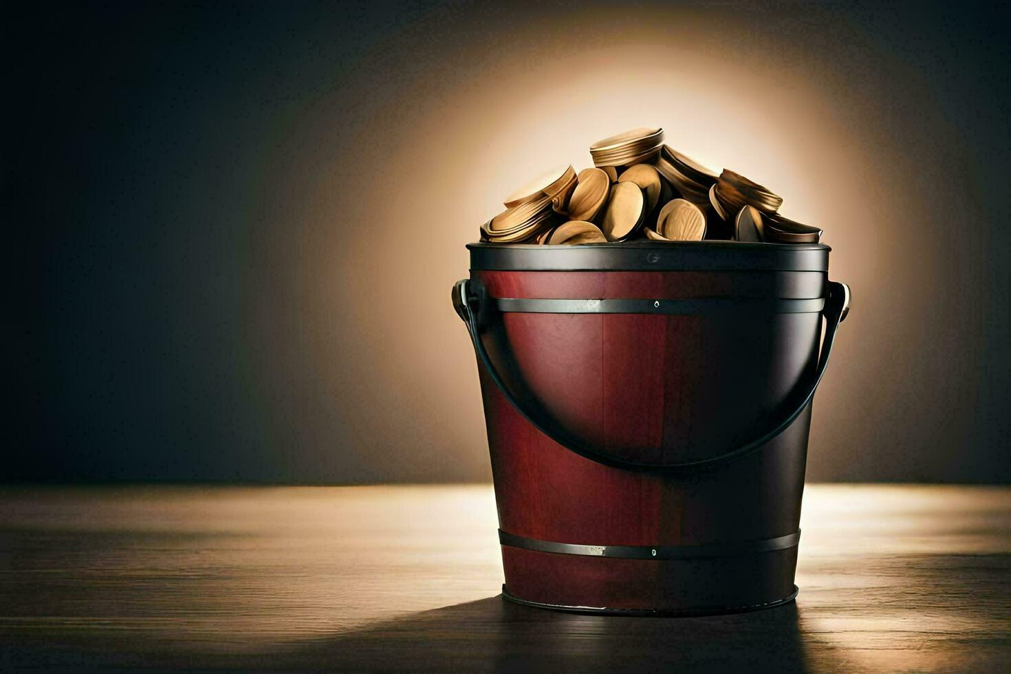 a bucket filled with gold coins on a wooden table. AI-Generated photo