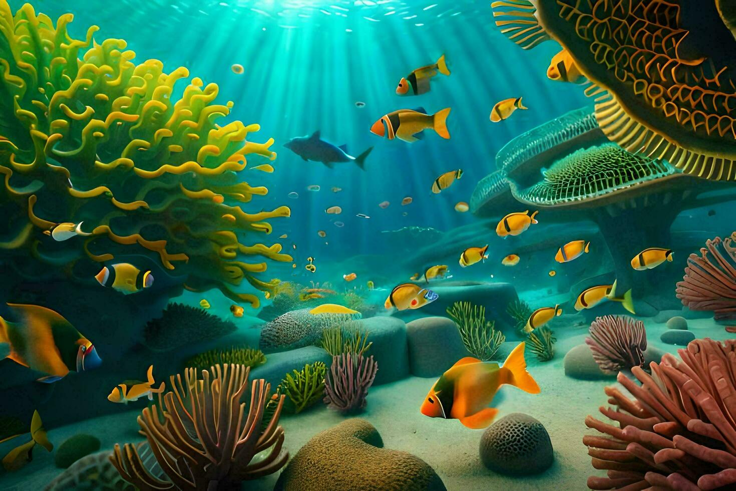 an underwater scene with fish and coral reefs. AI-Generated photo