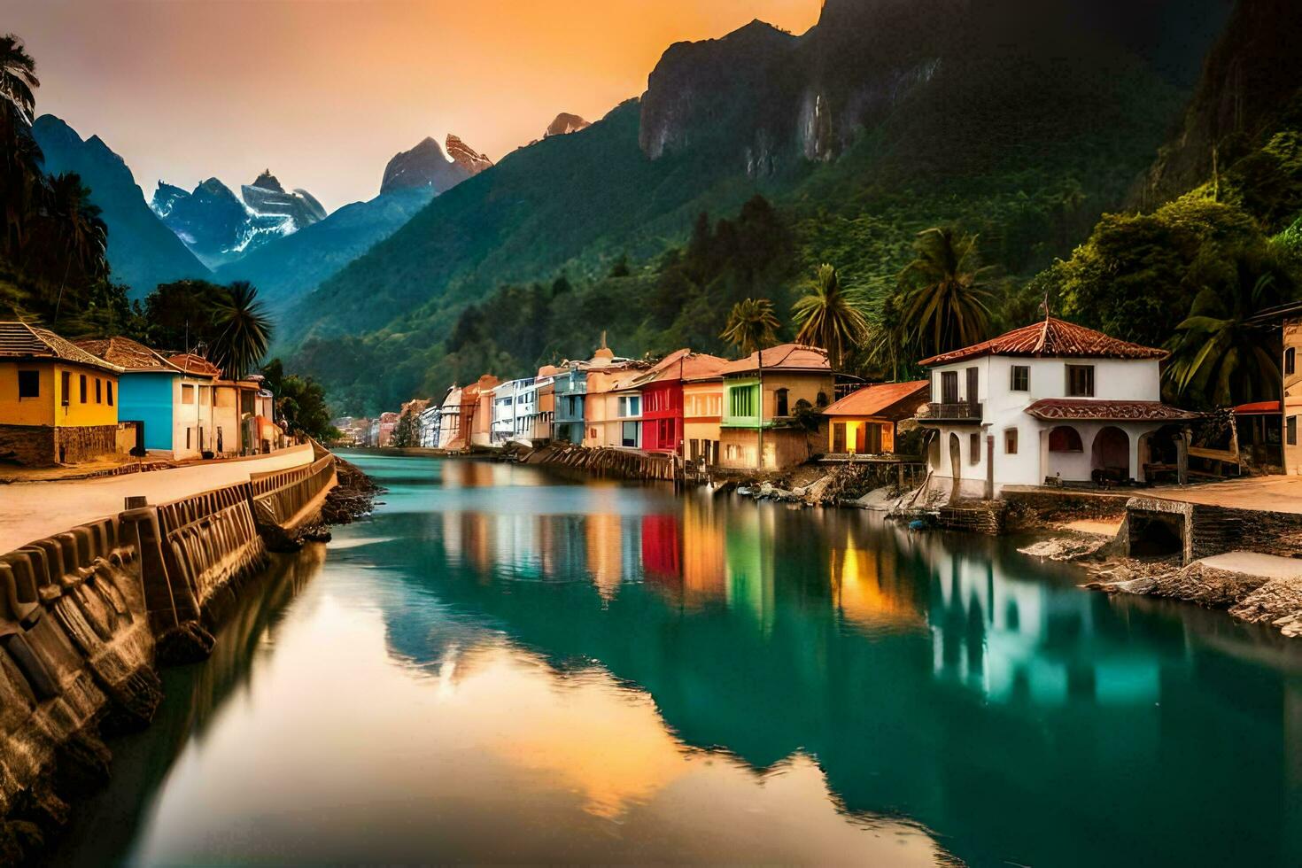 colorful houses line the banks of a river. AI-Generated photo