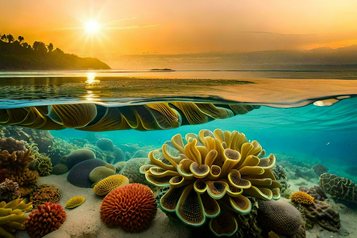 the sun rises over a coral reef and a fish swims in the water. AI-Generated photo