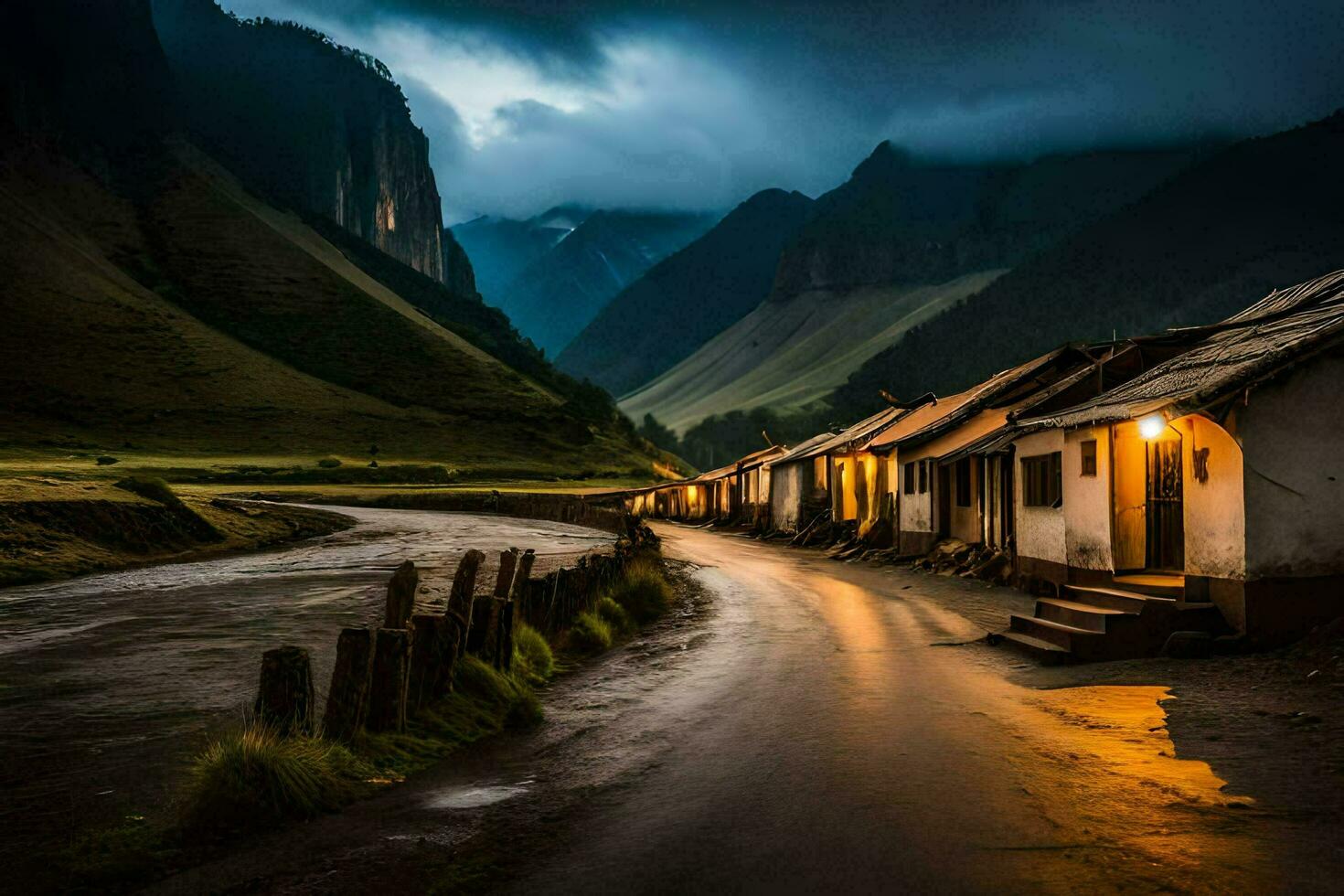 un la carretera en el montañas a noche. generado por ai foto