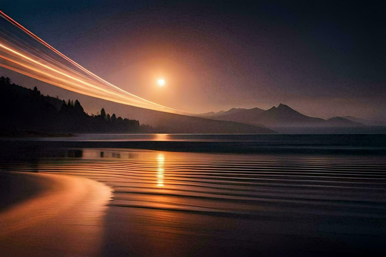 a long exposure photograph of a mountain and a beach at sunset. AI-Generated photo