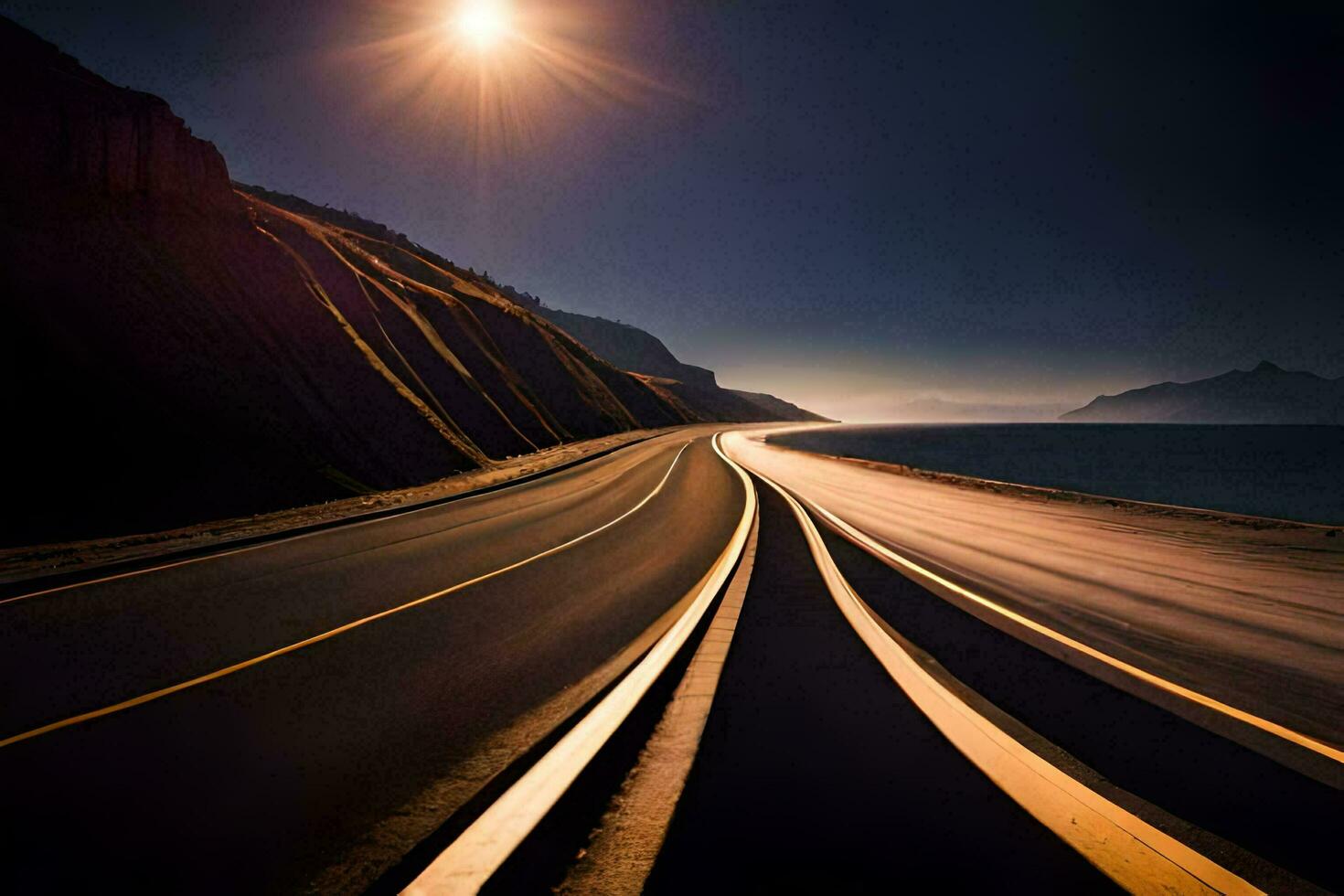 a long road with the sun shining on it. AI-Generated photo